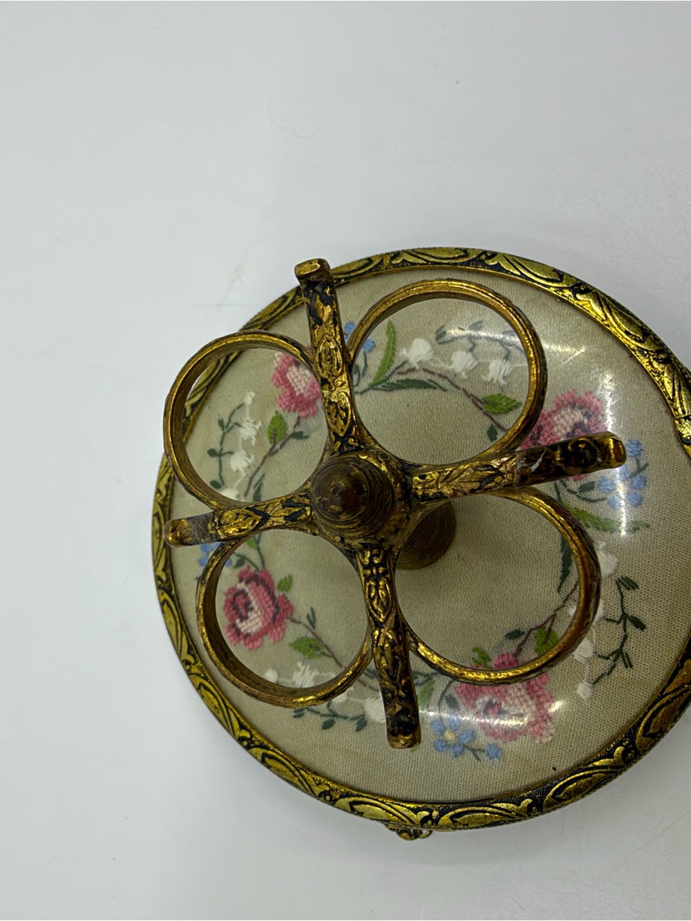 Vintage 1950s Petit Point Floral Lipstick Holder Gold Tone Vanity
